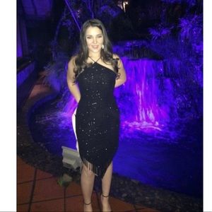 Cache Sparkly Beaded Spaghetti Strap Halter Dress